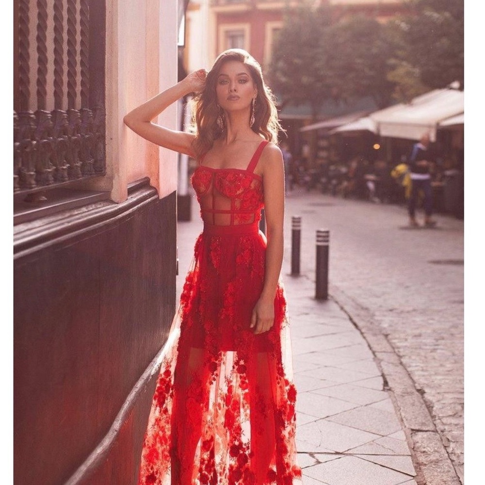 Red Floral Lace Maxi Dress with Sheer Skirt